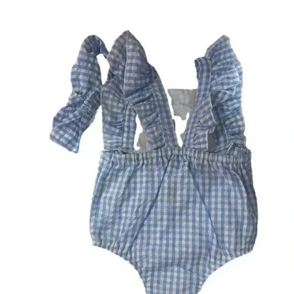 Mud Pie Patriotic Bubble Blue White Gingham Embroidered Flags Sail Boats 6-9 M - Picture 2 of 3